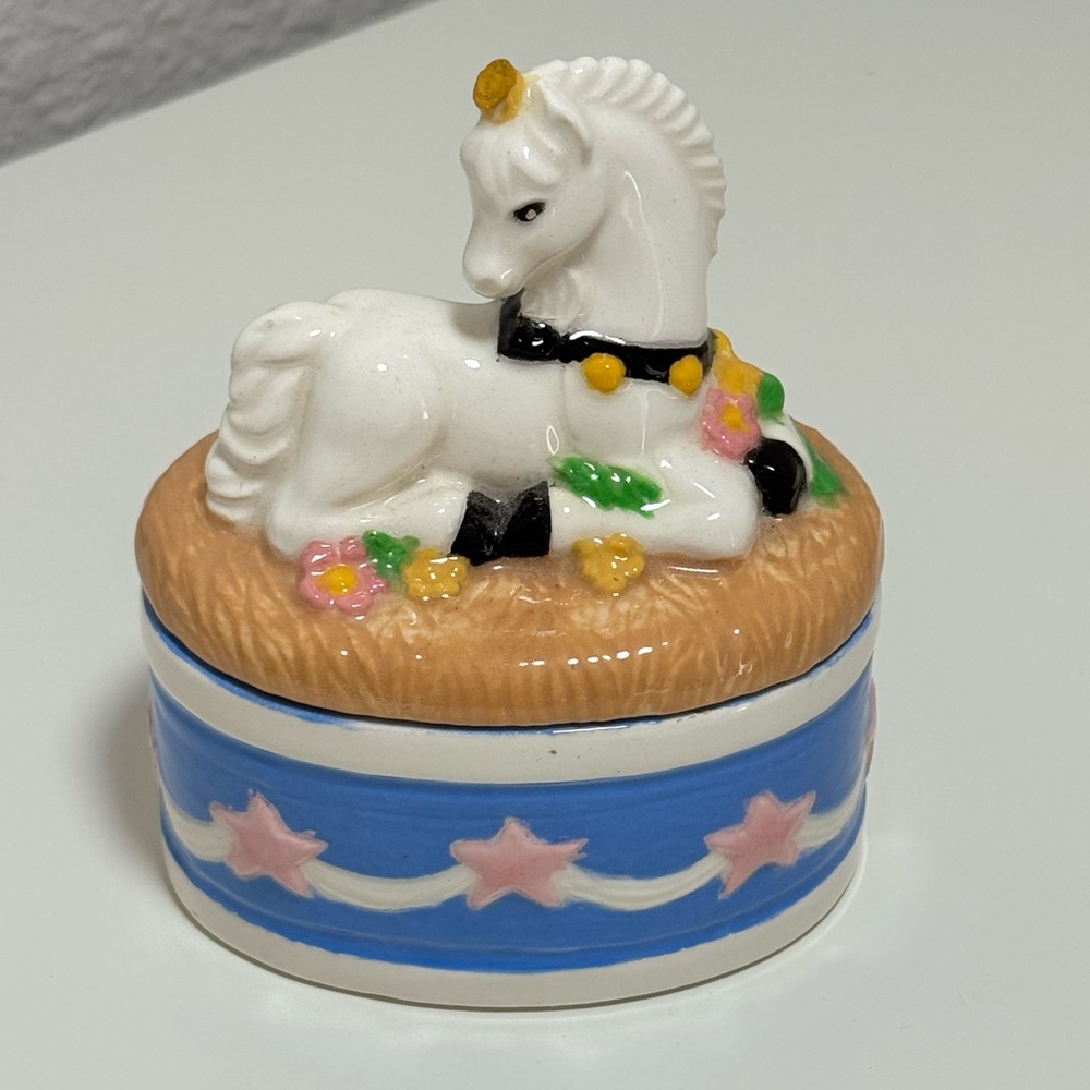 White Horse Trinket Box with Blue and Pink Accents